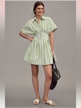 Anthropologie The Tobie Mini Shirt Dress in green stripe - size Small